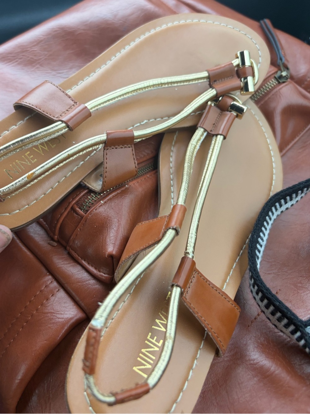 Nine West Tan and Gold T-Strap Leather Sandals